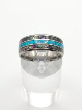 Size 11 Silver Stainless Steel Ring w/Teal Iridescent Inlay Wedding Band